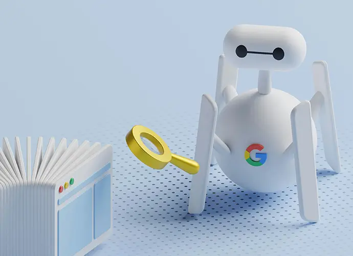 een kleine robot die met een vergrootglas naar een boek kijkt